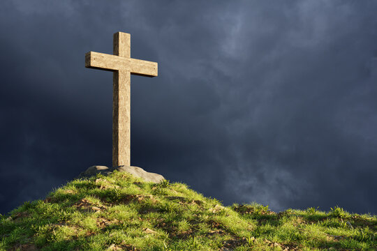 Ancient Christian cross on a mountain, on darks clouds background. 3D Render