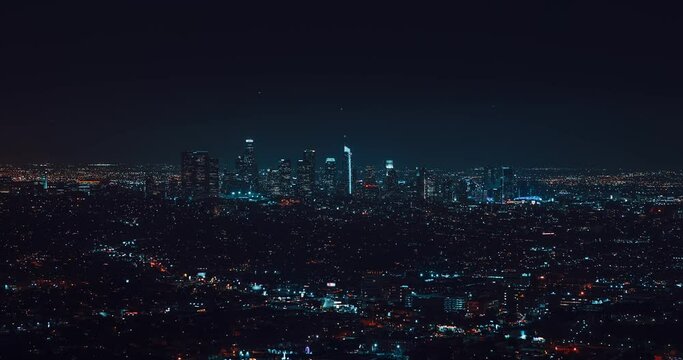 Los Angeles downtown timelapse at night. Big city in the USA