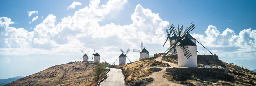 Old historic windmills on the hills of Consuegra. Molinos de Viento de Consuegra