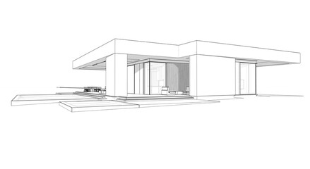 3d rendering of new concrete house in modern style with pool and parking for sale or rent and beautiful landscaping on background.  Black line sketch with soft light shadows on white background.