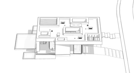 3d rendering of new concrete house in modern style with pool and parking for sale or rent and beautiful landscaping on background.  Black line sketch with soft light shadows on white background.