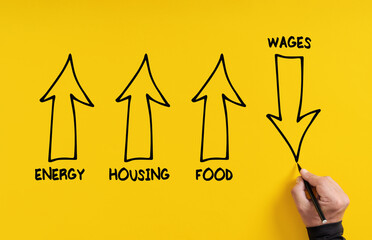 Inflation and economic recession. Losing purchasing power. Increasing household living costs.