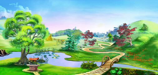 Rural landscape at day illustration