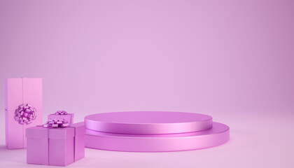 3d pink podium or pedestal with gift boxes on pink background for product display. 3d rendering illustration for Valentines day concept.