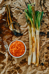 calcots and romesco sauce typical of Catalonia, Spain