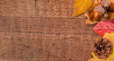 Colorful dry fall leaves on the desk