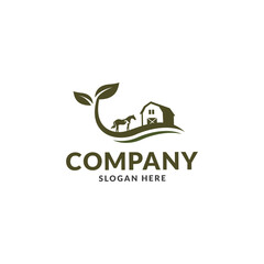 Vector illustration with cow, pig,horse,  goat,rabbit and chicken Farm pattern with farm animals and leaves. Green logo for agricultural company.