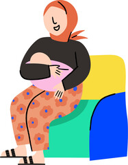 Asian Hijab Woman Sit while holding newborn