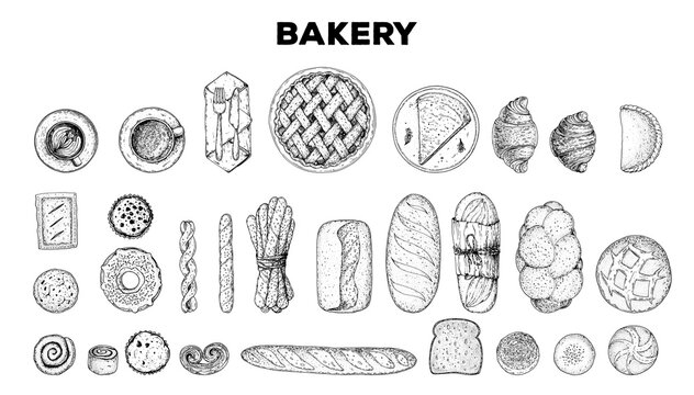 Bakery sketch set. Bakery collection. Hand drawn sketch with bread, pastry, sweet. Bakery set vector illustration. Hand drawn elements for design. Engraved food image