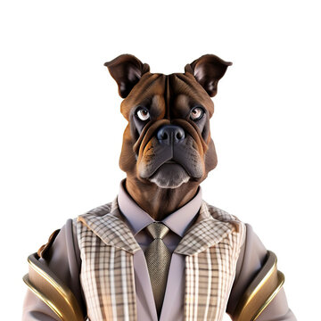 Portrait of a Bulldog wearing a costume.. Anthropomorphic dog. Digital illustration. Generative AI.