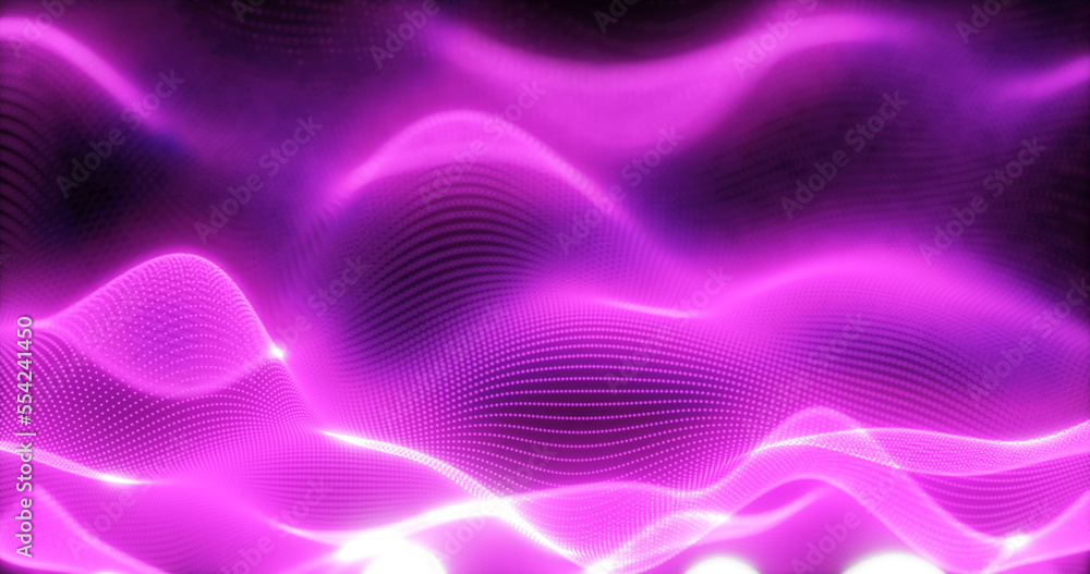 Poster abstract background of purple futuristic glowing waves from particles of points and lines of energy 