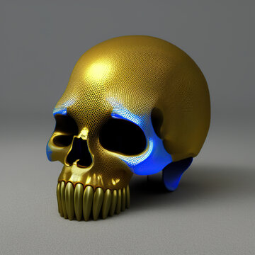 Blue and gold skull helmet, Digital illustration. Generative AI.