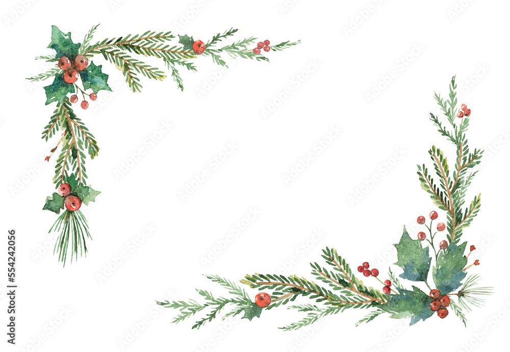 Wall mural watercolor christmas with fir branches and place for text. illustration isolated on transparent back