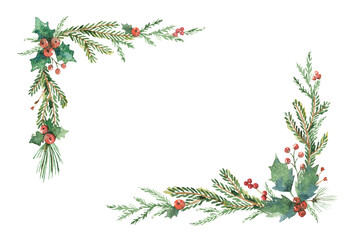 Watercolor Christmas  with fir branches and place for text. Illustration isolated on transparent background. - 554242056