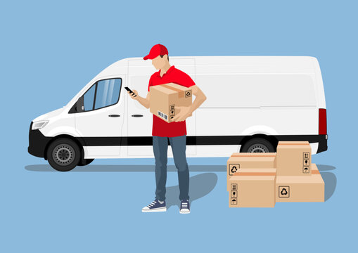 Illustration of a courier standing with a phone and a parcel in his hand, on the background of a van and boxes. Courier delivering an order