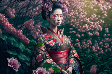 Fototapeta premium Geisha in an intricate kimono, sakura garden background. Young pretty geisha in colorful kimono. Image created with Generative AI technology.