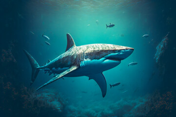 Naklejka premium Great White Shark Underwater. Image created with Generative AI technology.