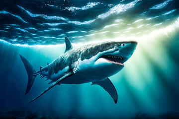 Fototapeta premium Great White Shark Underwater. Image created with Generative AI technology.