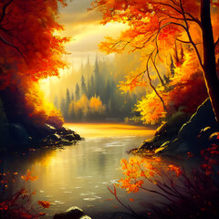 Autumn forest river water with fallen leaves and trees reflections. Generative AI illustration of autumn river scene. Scenic autumn landscape. River in fall forest.