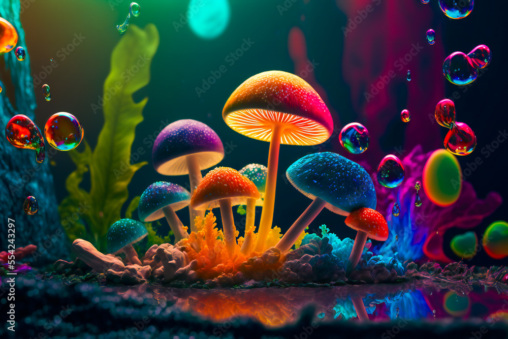 Wall mural psychedelic decorative mushrooms. image created with generative ai technology.