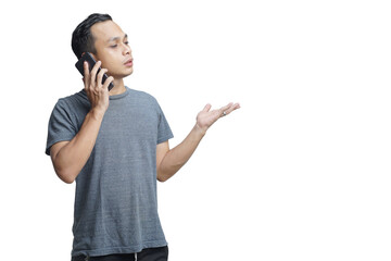 asian man with his mobile phone on isolated background