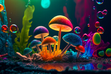 Fototapeta na wymiar Psychedelic Decorative mushrooms. Image created with Generative AI technology.