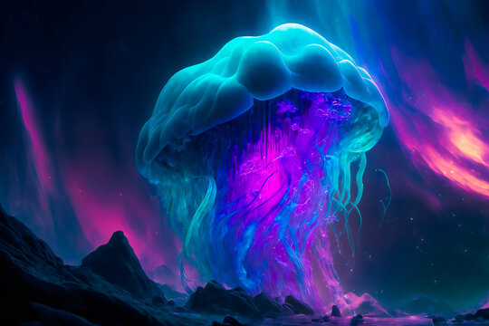 Jellyfish Dancing in the Space. Fantastic  Wallpaper Background.  Image created with Generative AI technology.