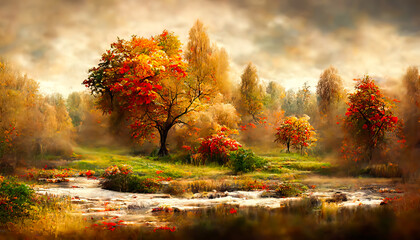 Autumn forest river stream with fallen leaves and trees reflections. Generative AI illustration of autumn river scene. Scenic autumn landscape. River in fall forest.