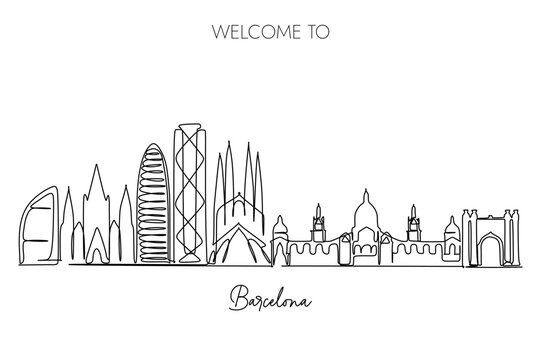 Barcelona skyline one continuous line drawing on white background, Hand drawn style design for travel and tourism illustration