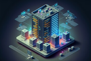 This is an isometric view of a smart city or a high tech structure. Building control and automation system network diagram. Generative AI