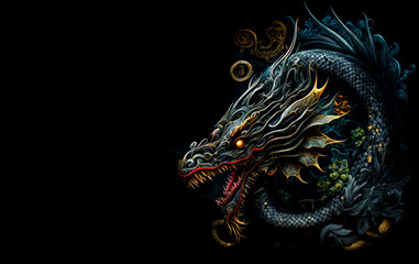 Chinese dragon on a black background. Generative AI Illistration of ancient asian dragon on black background. Dragons background. Place for text. © Sergie