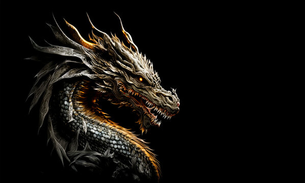 Metal dragon head on a black background. Generative AI Illistration of ancient dragon on black background. Dragons background. Place for text.