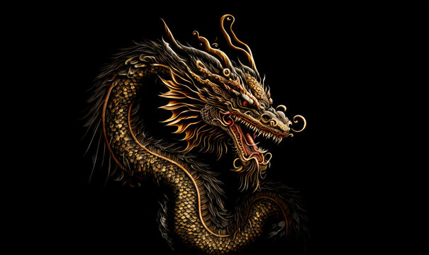 Chinese golden dragon on a black background. Generative AI Illistration of ancient asian golden dragon on black background. Dragons background. Place for text.