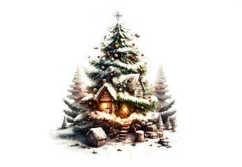 Magic Christmas tree houses covered with snow. Generative AI Christmas illustration. Decorated Christmas tree on white background. Christmas post card or greeting card design element.