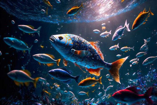 Underwater wild world.  Tropical fishes.  Image created with Generative AI technology.