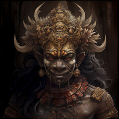 Obraz premium Portrait of a Balinese demonic god on a dark background. Traditional Art and Culture backgrounds generated by AI