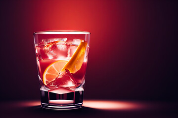 Red cocktail with lemon slices and ice cubes on red background. Cold red beverage with lemon slices, Generative AI illustration
