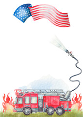 Vertical frame with usa flag, fire, fire truck