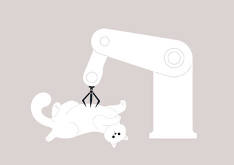 A robotic hand rubbing a cat's belly, new technologies and modern lifestyle