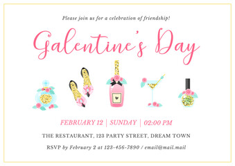 Galentine's Day party invitation template. Beautiful background with a fragrance bottle, shoes, a champagne, a cocktail glass and a nail polish. Vector 10 EPS.