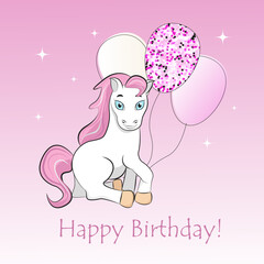 Happy birthday card with cute pony and glitter balloons on pink gradient background. Vector illustration