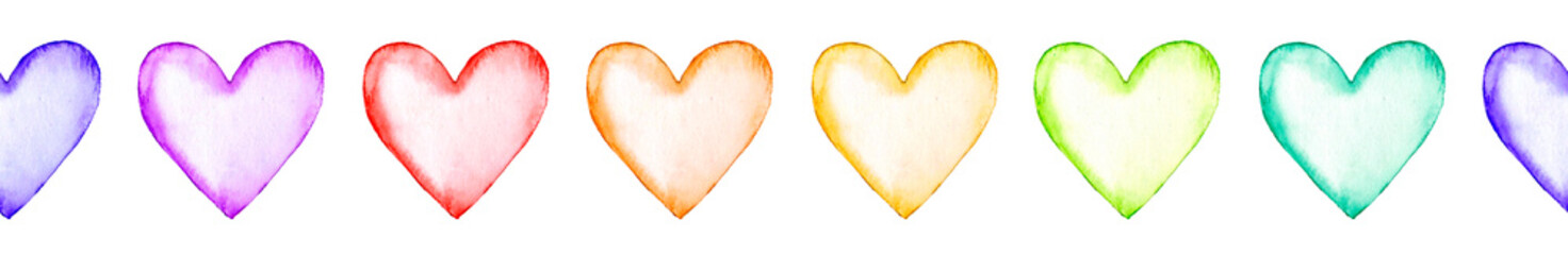 Watercolor colorful rainbow hand drawn paper texture isolated hearts set on white background. Wet brush paint art design element for greeting card, invitation, decoration, scrapbook, valentines day