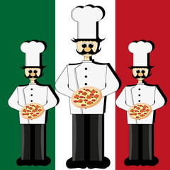 Italian chef with delicious pizza in the hand on italy flag background. The cook in the white chef's hat. A person in his hands with a pizza margarita. Banner for pizzeria.