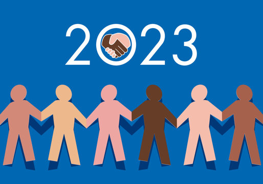 Carte de vœux 2023, sur le concept de la fraternité entre les races, avec le symbole de gens d’origines ethniques différentes, qui se donnent la main pour lutter contre le racisme.