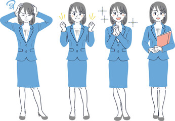 ビジネススーツの女性　表情ポーズの全身イラストセット（悩む　ガッツポーズ　憧れ　笑顔）