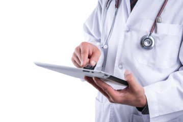 Doctor wearing lab coat using tablet on transparent background