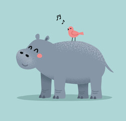 Cute happy hippopotamus is listening to the birds singing vector illustration.
