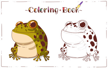 A Frog, Coloring Sheet. Cartoon outline picture of smiling toad with colored example. Horizontal colouring book page. Contour illustration for children's preschool education. Home activity for a kid.