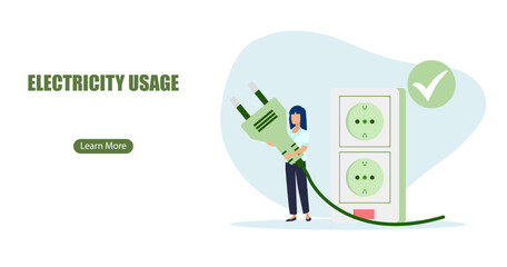 Vector of a woman unplugging home appliances to reduce energy consumption