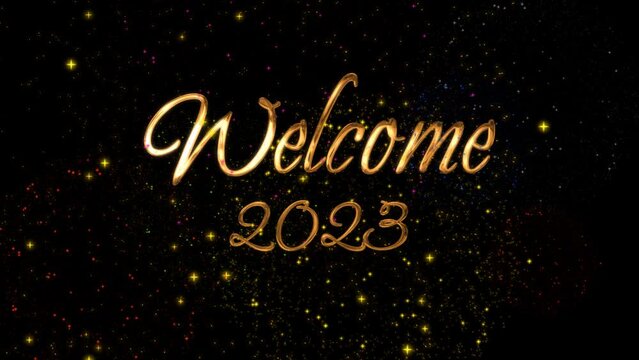 Welcome Animation text 2023 handwritten in gold ink on a black background. perfect for your opening video presentation.
